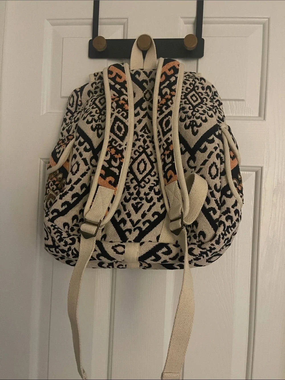 Boho Tassel Drawstring Backpack in Black, Peach & Cream